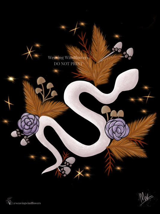 digital painting of a white snake with gold, purple, red and pink flowers surrounding it with gold stars and a black backround